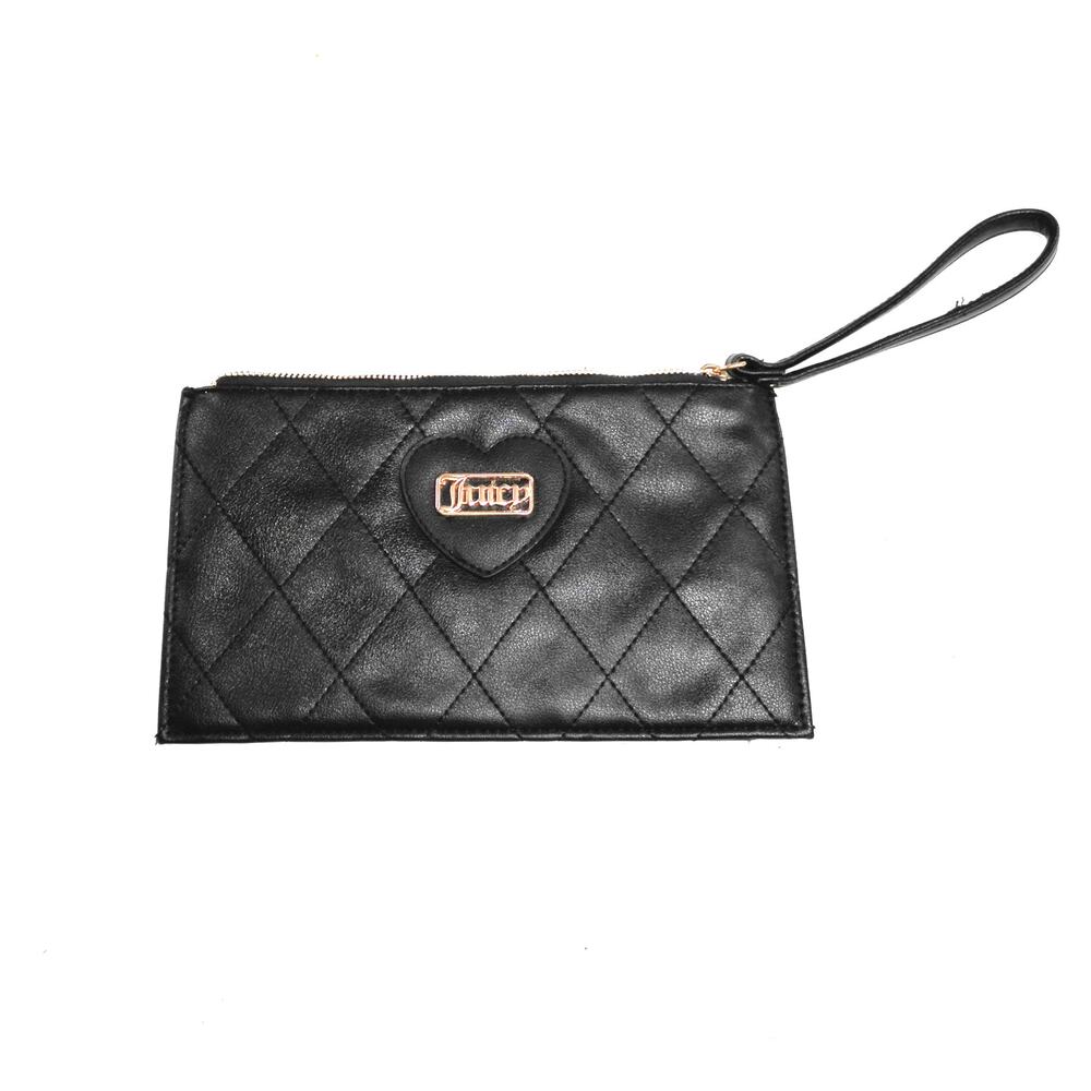 Juicy Couture Black Quilted Wristlet Wallet Clutch Zip Pouch Gold Tone Logo